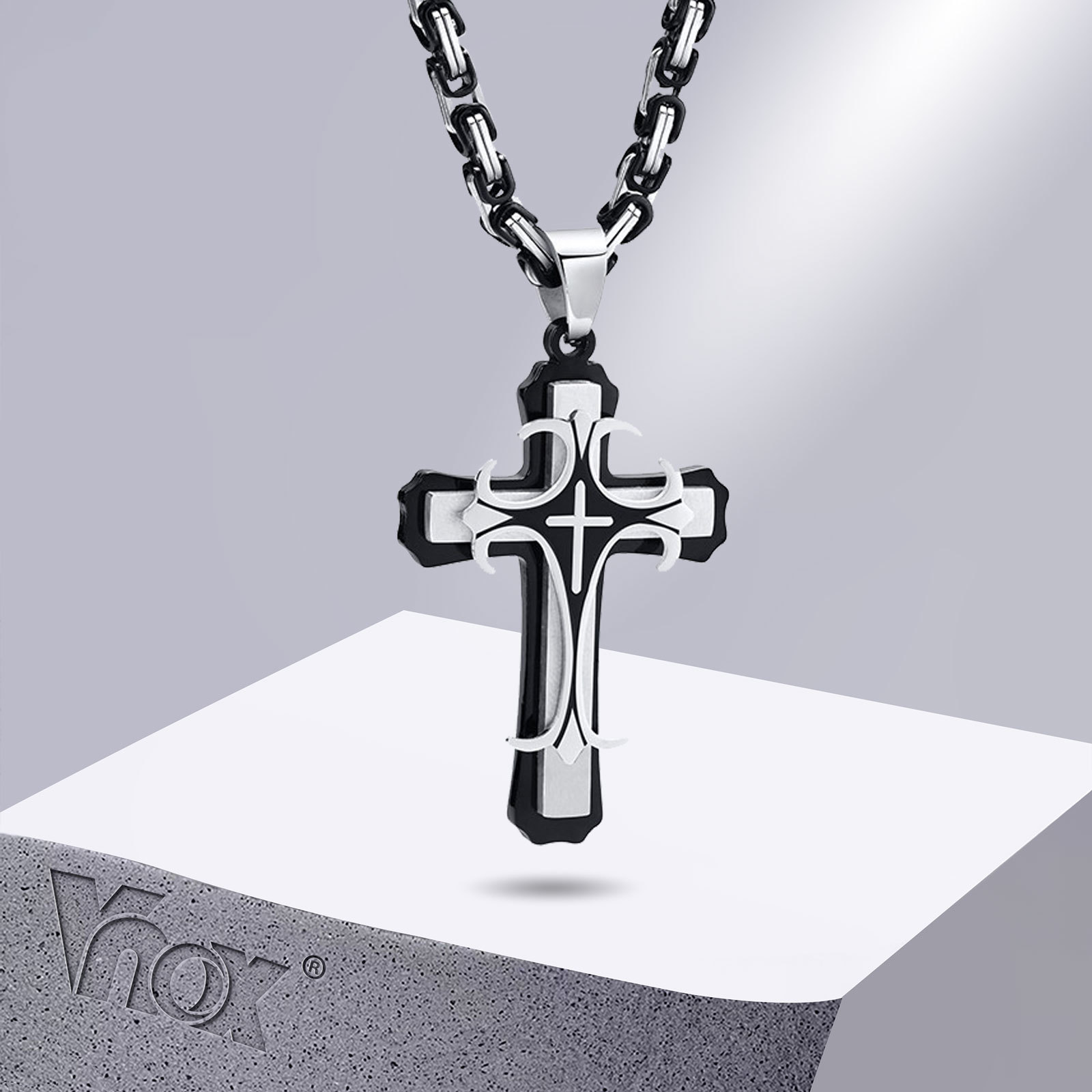 Vnox męski krzyż naszyjnik z 4MM bizantyjskim łańcuchem, Punk Rock stal nierdzewna katolicki krucyfiks wisiorek biżuteria religijna