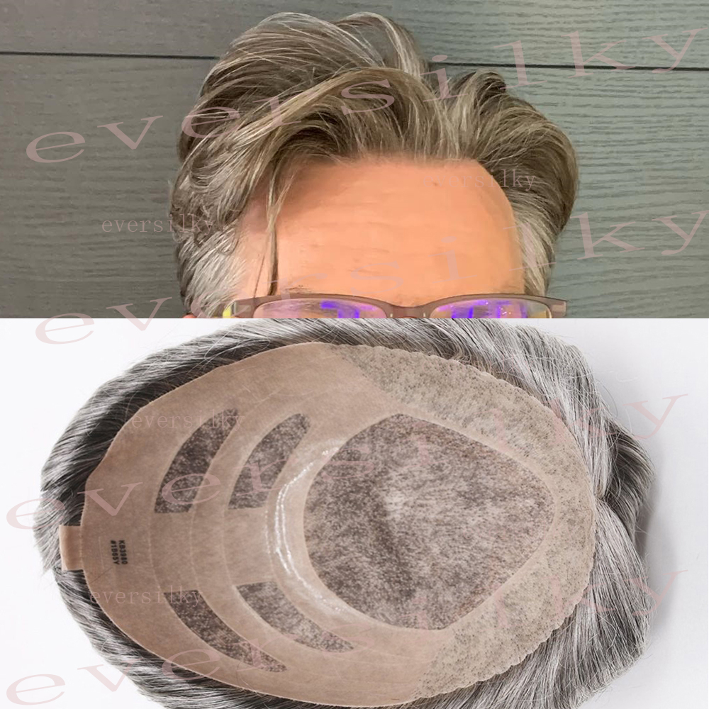 Rambut Asli Natural Hairline Bond Terkuat Tahan Lama Npu Mono Top Breathable Lace Mix Abu-abu Hitam Pirang Toupee Pria Wig Rambut Manusia Prostesis