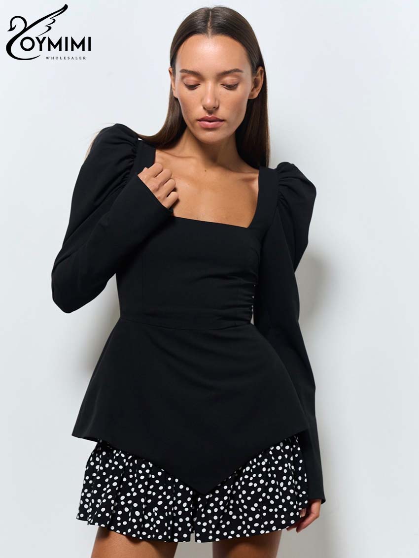 Oymimi moda abiti Patchwork neri per le donne abiti Casual a maniche lunghe con collo quadrato elegante Mini abito arruffato Streetwear