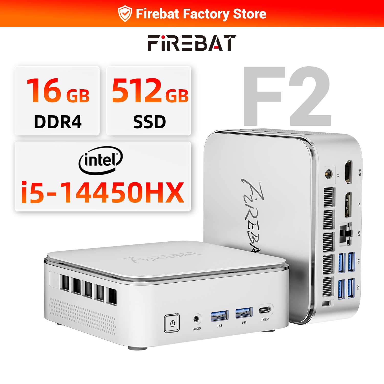 Firebat F2 Mini PC Intel Core i5-14450HX 10 núcleos 16 hilos Windows 11 16GB DDR4 RAM 512GB PCIe SSD WiFi 6 BT5.2 Triple pantalla