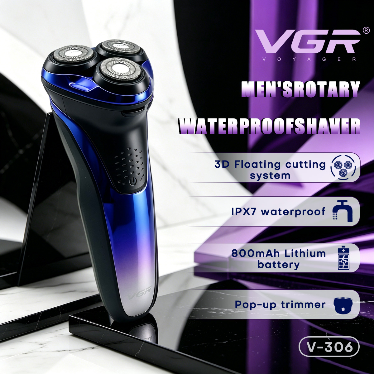 VGR เครื่องโกนหนวด มีดโกนหนวดไฟฟ้า มืออาชีพ เครื่องโกนหนวด ลอยน้ำ เคราทริมเมอร์ IPX7 กันน้ำ ชาร์จใหม่ได้ เครื่องโกนหนวดสำหรับผู้ชาย V-306