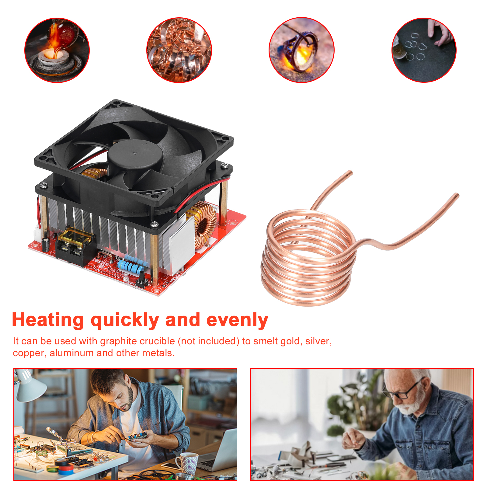 ZVS Indução Aquecimento Módulo Board, baixa tensão, Aquecedor Bobina, Flyback Driver, Copper Tube, DIY Peças endurecimento, 1000W