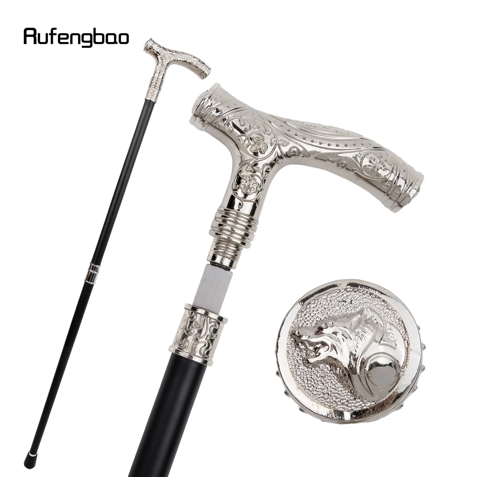Witte Wolf Hoofd Bloem Wandelstok met Verborgen Plaat Zelfverdediging Mode Riet Plaat Cosplay Crosier Stick 93cm