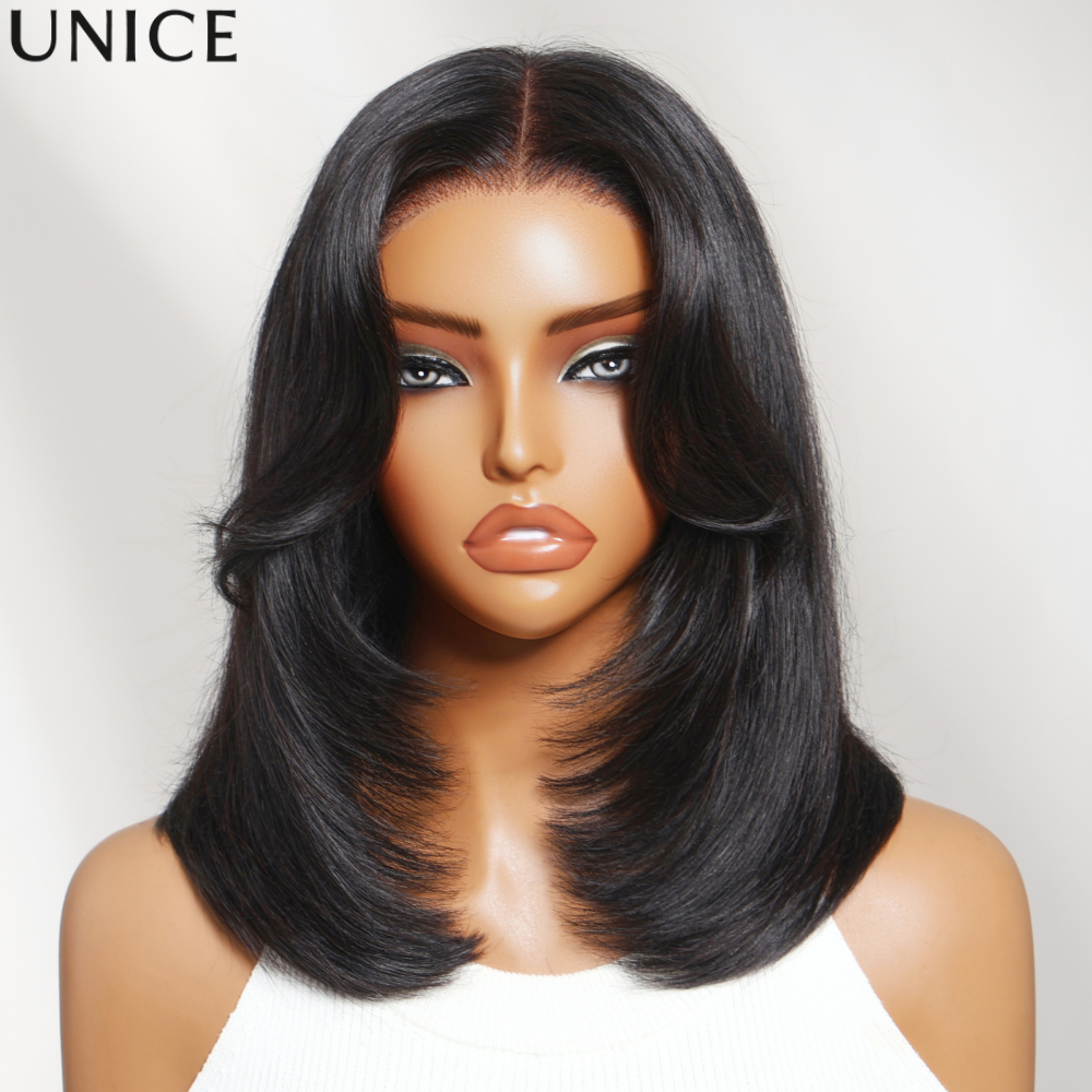 Peruca Bob em Camadas UNice com Franja que Modela o Rosto, Touca Antideslizante, Peruca de Cabelo Humano Sem Cola com Renda 7x5, Comprimento até os Ombros, Pronta para Usar