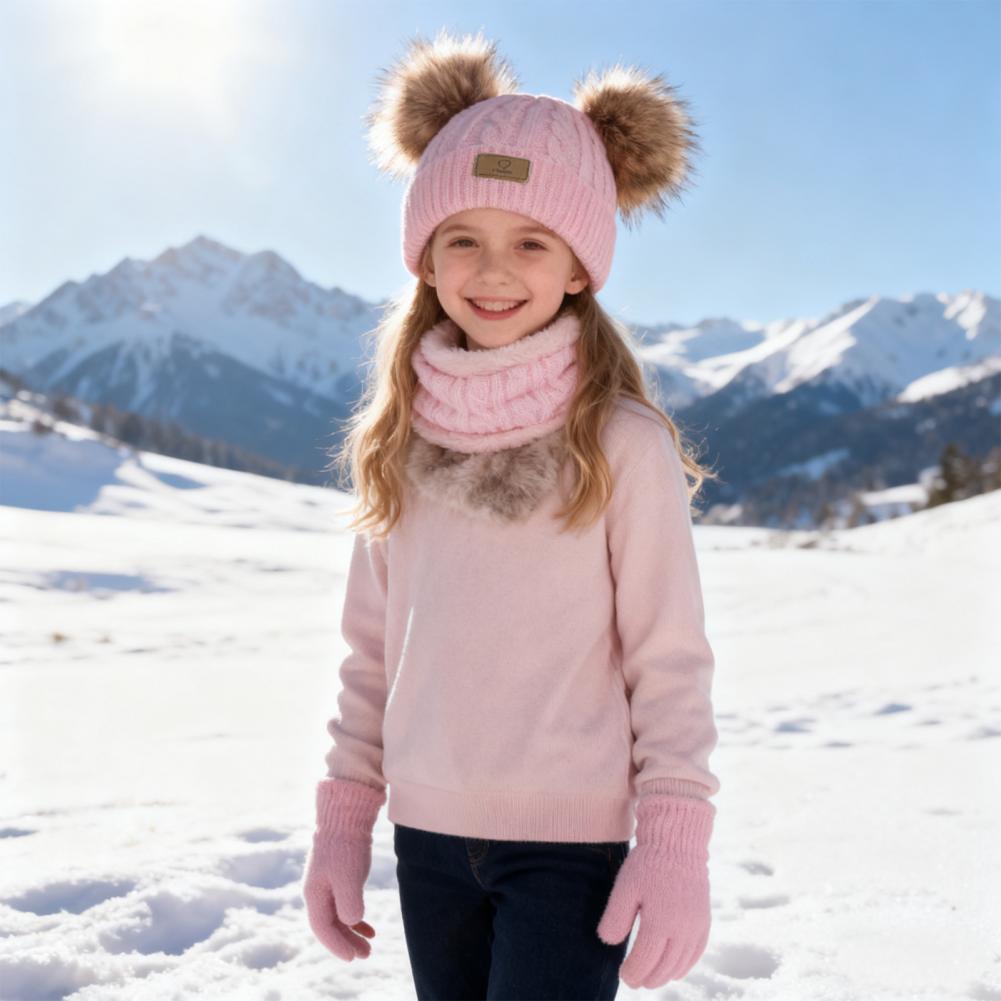 Kids Winter Accessories Kids Winter Hat Scarf Gloves Set with Plush Pom Poms Warm Knitted Fleece Lining Cap Cozy Neck Gaiter