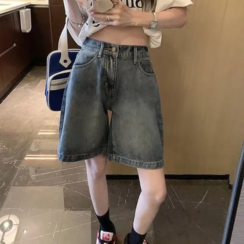 Pantalones cortos para mujer, estilo minimalista Vintage liso, combina con todo, moda coreana, cintura alta, temperamento, elegante, corte holgado, Denim, básico elegante de verano