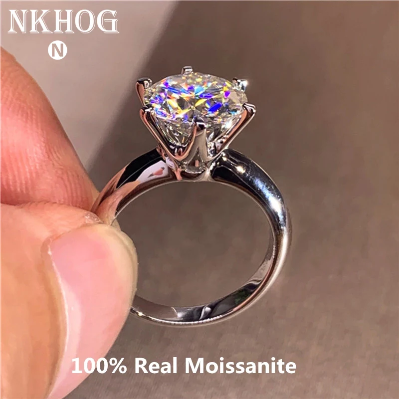 Bagues classiques en Moissanite rondes de 5 carats, 6 griffes, en argent Sterling 925, haute clarté, couleur D, diamant pour femme, bijoux plaqués or 14 carats