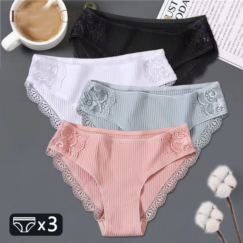 FINETOO 3 pièces/ensemble femmes coton culottes M-2XL taille basse sous-vêtements à la mode Patchwork dentelle slips femme doux caleçons Lingerie 2022