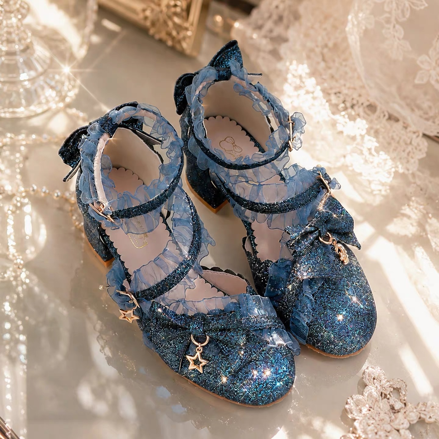 New Women Glitter Lolita Block Heel Sandals Ruffle Lace Bow Star Charm Ankle Strap Round Toe Sweet Cosplay Party Slinge Shoes