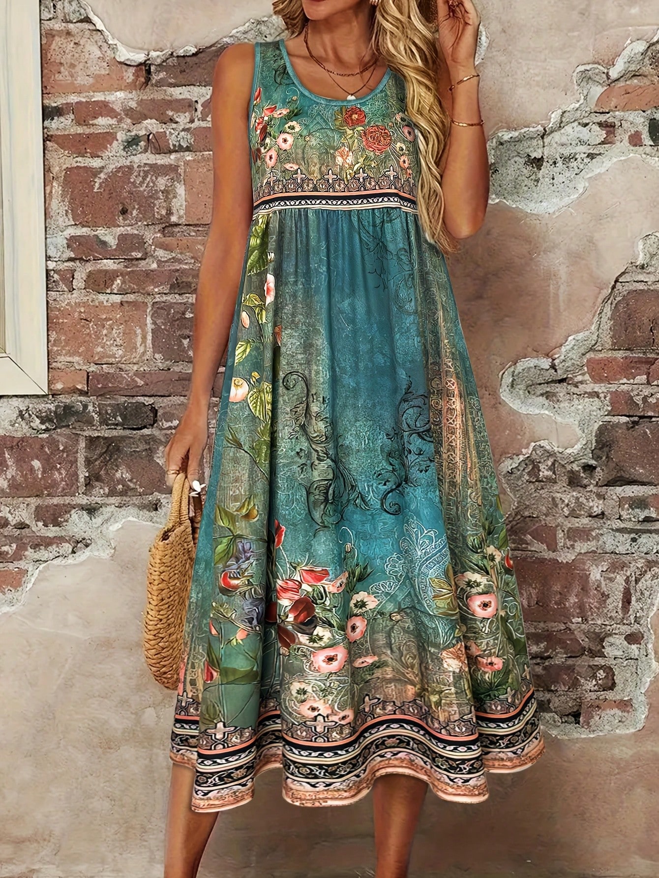 Women's Boho Floral Sleeveless Dress Vintage Turquoise Print Crew Neck High Waist A Line Midi Sundress