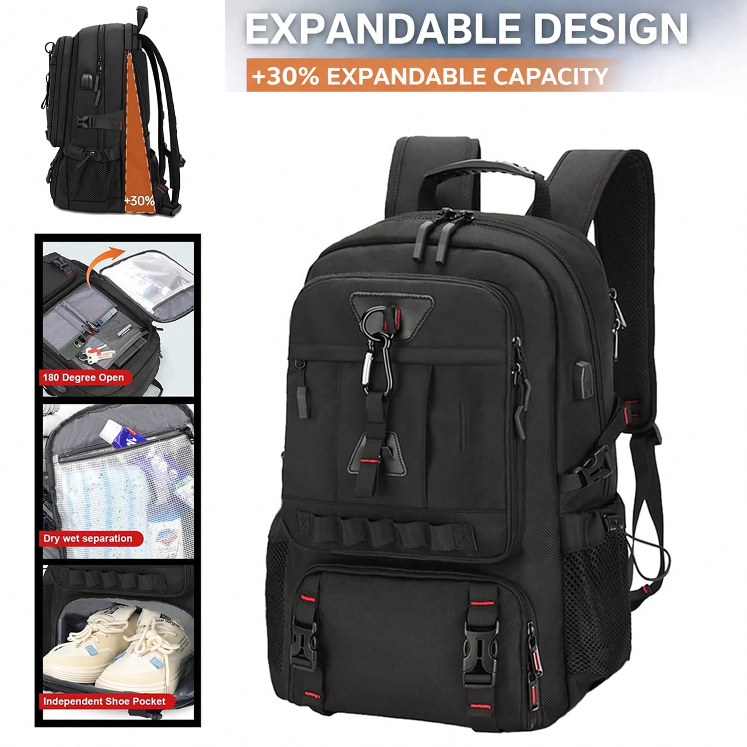 Large capacity backpack - suitable for travel, hiking and camping, unisex expandable backpack - business, study and vacation backpack - black with adjustable shoulder straps, suitable for fitness enthusiasts