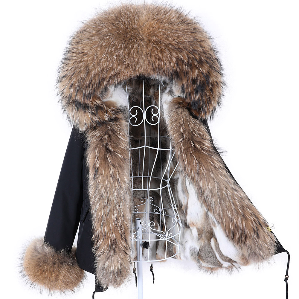 Maomaokong 2023 novas mulheres casaco de pele de inverno forro de coelho jaqueta natural real gola de guaxinim parka pele de raposa curto roupas femininas