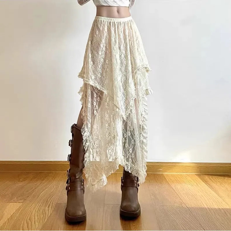 Spitze Asymmetrischer Rock Damen Vintage Y2K Boho Ästhetische Mode Hohe Taille Mittlere Röcke Sommer Damen Urlaub Outfits