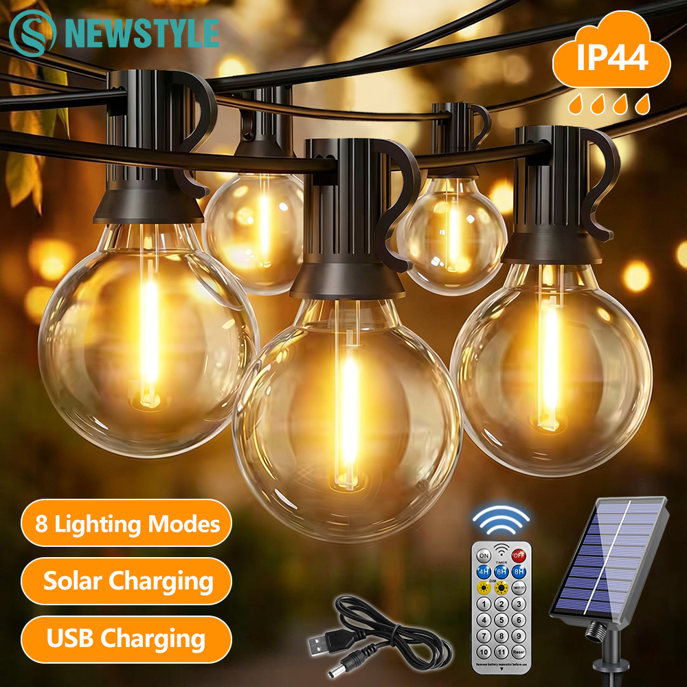 Guirlande lumineuse solaire G40 pour l'extérieur, étanche, avec télécommandes, 8 modes d'éclairage, ampoule globe LED incassable, économie d'énergie, respectueuse de l'environnement, charge solaire extérieure, charge USB intérieure, lumières solaires pour