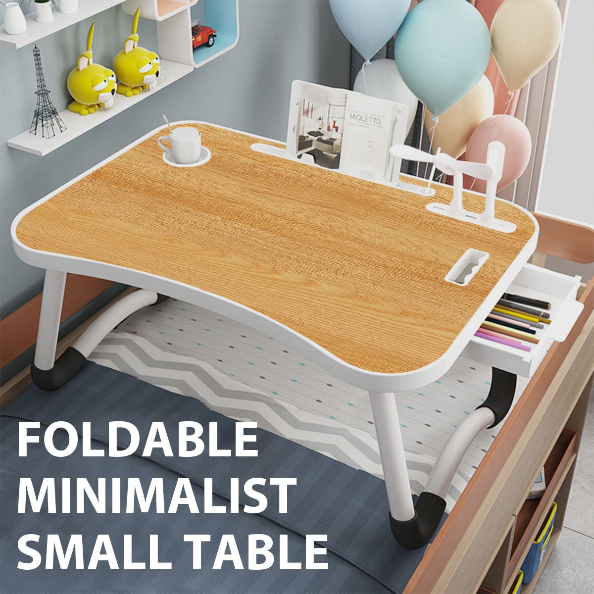 Portable Laptop Desk with USB Light & Fan, Built-in Cup Holder & Tablet Slot, Foldable Adjustable Laptop Table for Bed Sofa Work