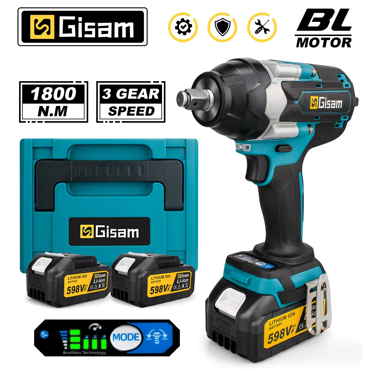 Gisam 1800N.M 토크 브러시리스 전기 임팩트 렌치 Makita 18V 배터리 핀용 1/2 인치 스크루 드라이버 무선 렌치 전동 공구