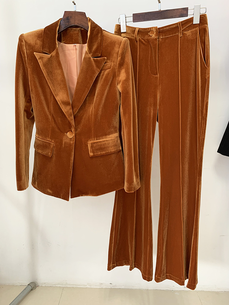 HIGH STREET Nieuwste 2026 Herfst/Winter Designer Pak Dames Enkelknoops Fluwelen Blazer Flare Broek Set 2-delig