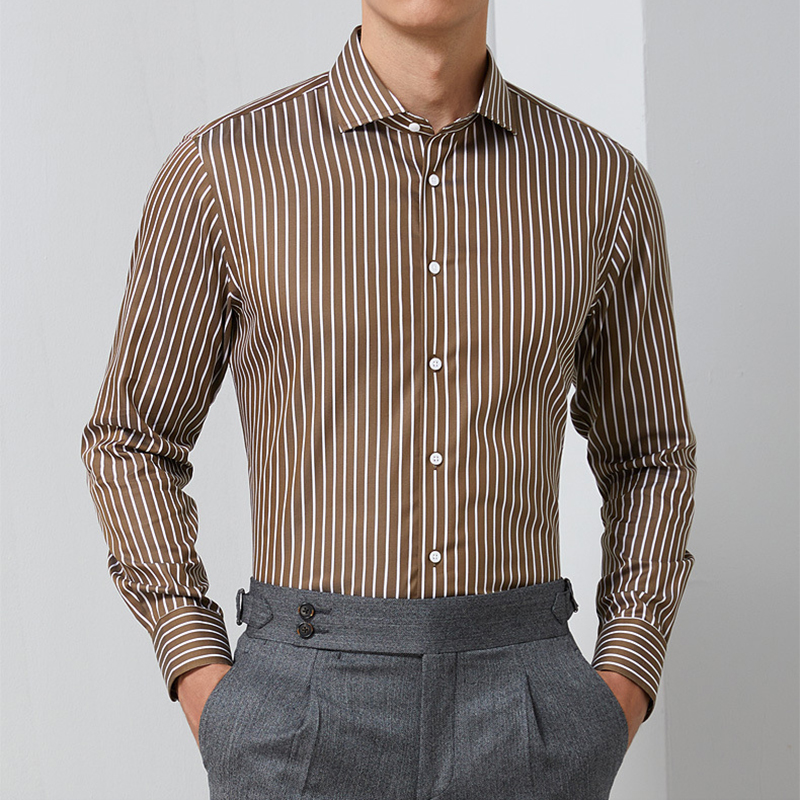 Camisa de giz marrom escuro para homens, Camisa de algodão listrado café, Tailor Made, Vestido de luxo