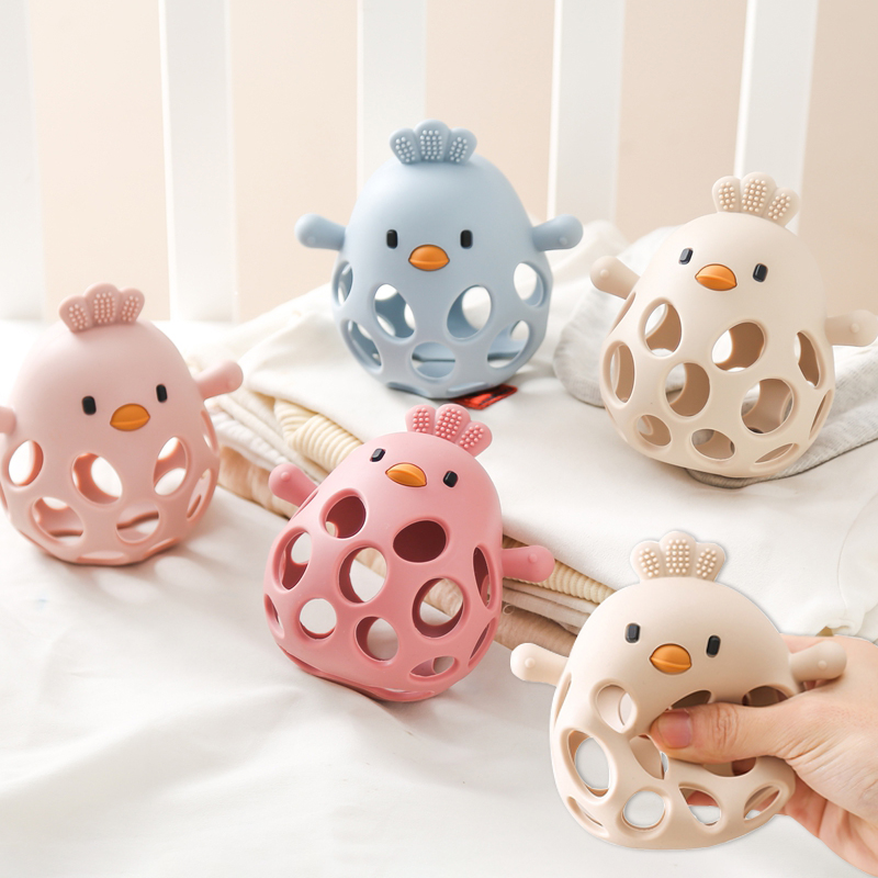 Juguetes para bebés, mordedor hueco de silicona sin BPA, 0 a 12 meses, juguetes infantiles de pollito bonito de dibujos animados, sonajero de silicona, accesorios para bebés, juguetes de regalo