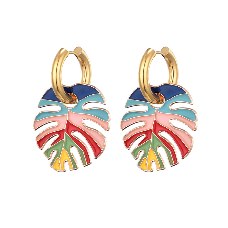 Pendientes de acero inoxidable de Color dorado con colgante de hoja grande y colorido para mujer, joyería Vintage, pendientes de aro redondos esmaltados