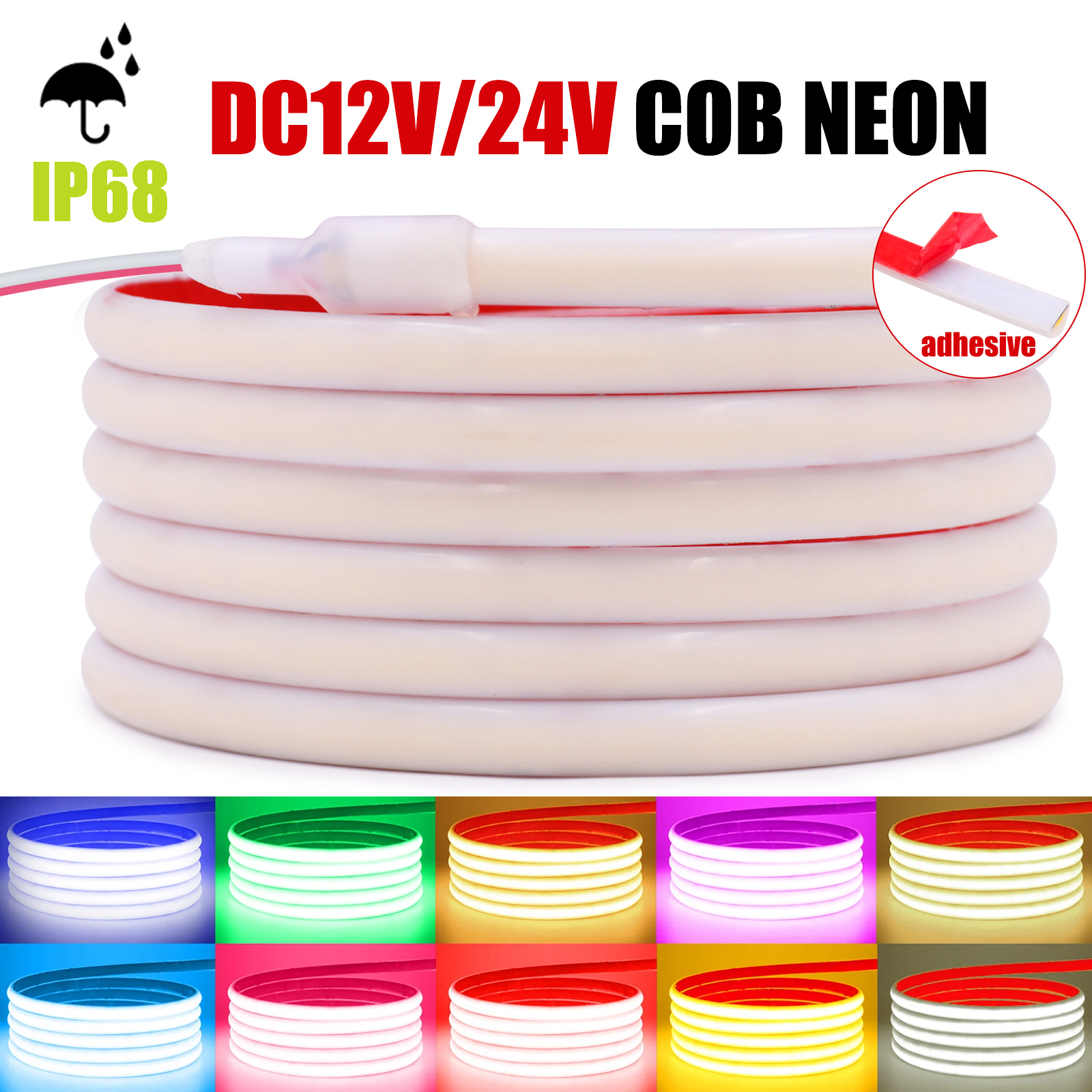 Tira de luces LED de neón COB resistente al agua IP68, 12V, 24V, 320LEDs/m, rojo, azul hielo, verde, cálido, blanco frío, rosa para iluminación exterior de habitación