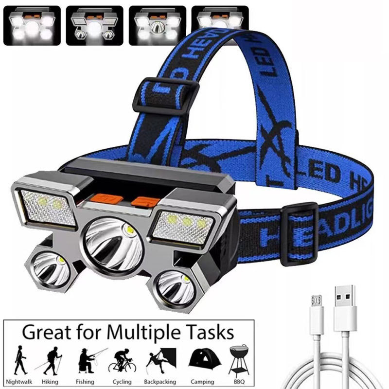 Linterna frontal recargable por USB, linterna portátil de 5LED con batería integrada, linterna frontal portátil impermeable para pesca y Camping