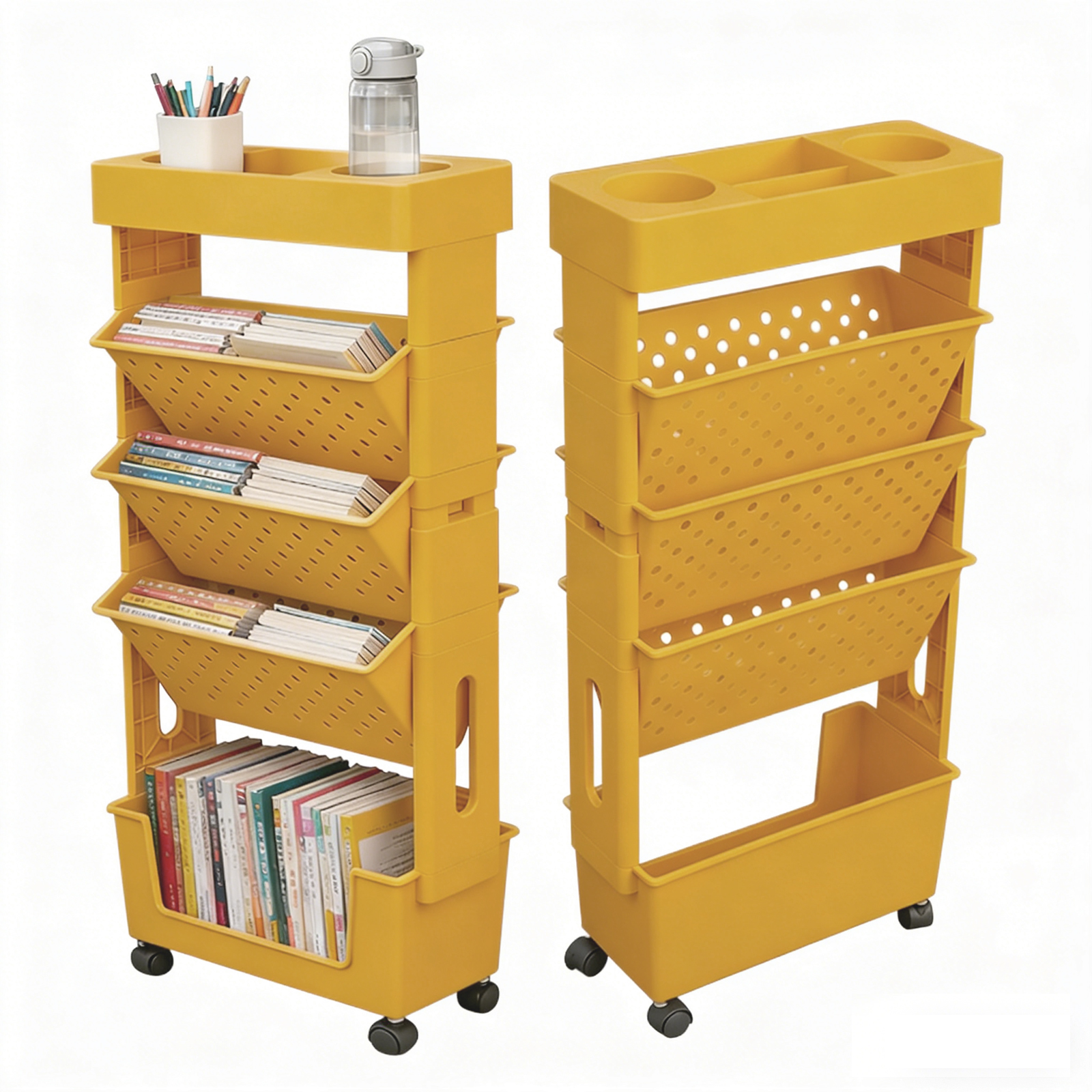 5-stöckiges mobiles Bücherregal Aufbewahrungsregal Organizer Trolley Abnehmbar mit 360°-Drehung ° Rollbare Räder für Schlafzimmer, Wohnzimmer und Büro
