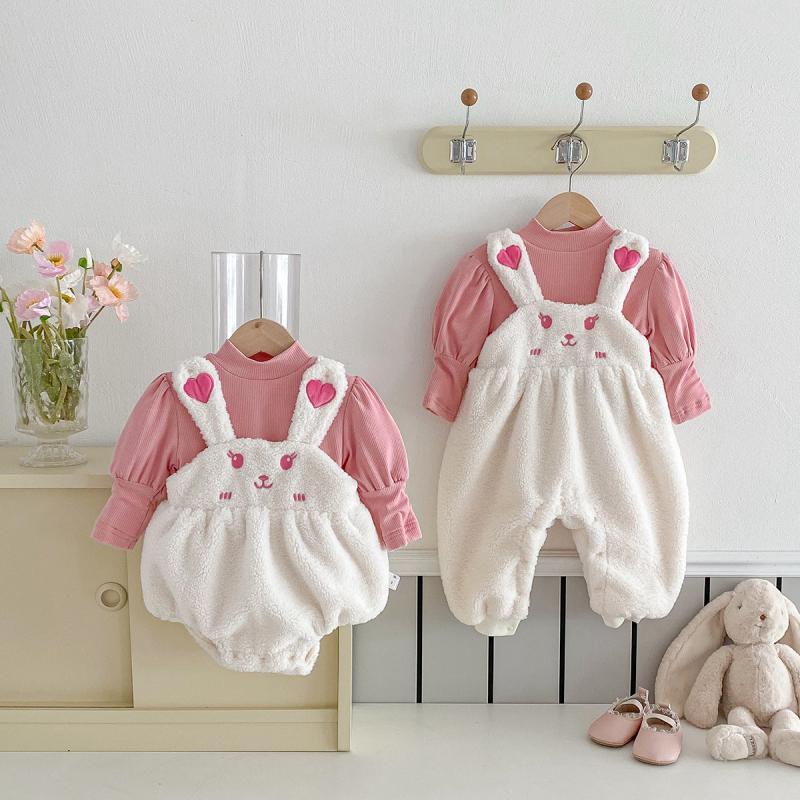 Bonito coelho menina bebê macacão outono inverno doce princesa roupas recém-nascidos meninas sólida mangas compridas topo irmãs combinando