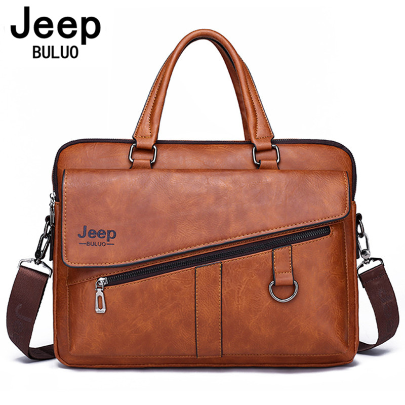 JEEP BULUO Men Briefcase Split Leather Laptop New Bag 14" PC Doctor Lawyer Computer Bag Totes Male Vintage Business Men Bags