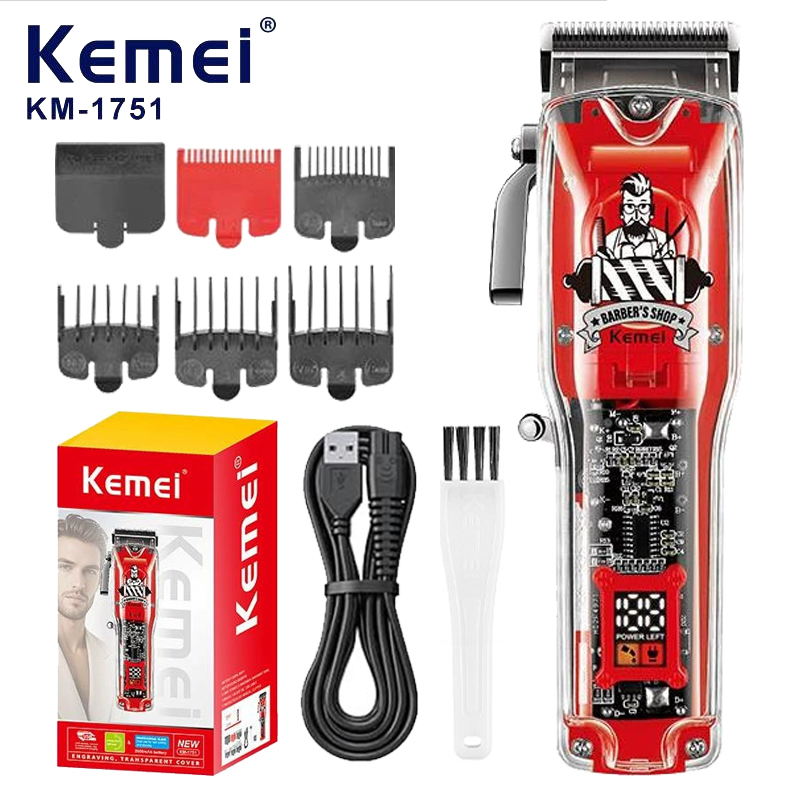 Kemei KM-1751 Tagliacapelli ricaricabile Barbiere Tagliacapelli Trimmer a batteria Copertura trasparente Rosso
