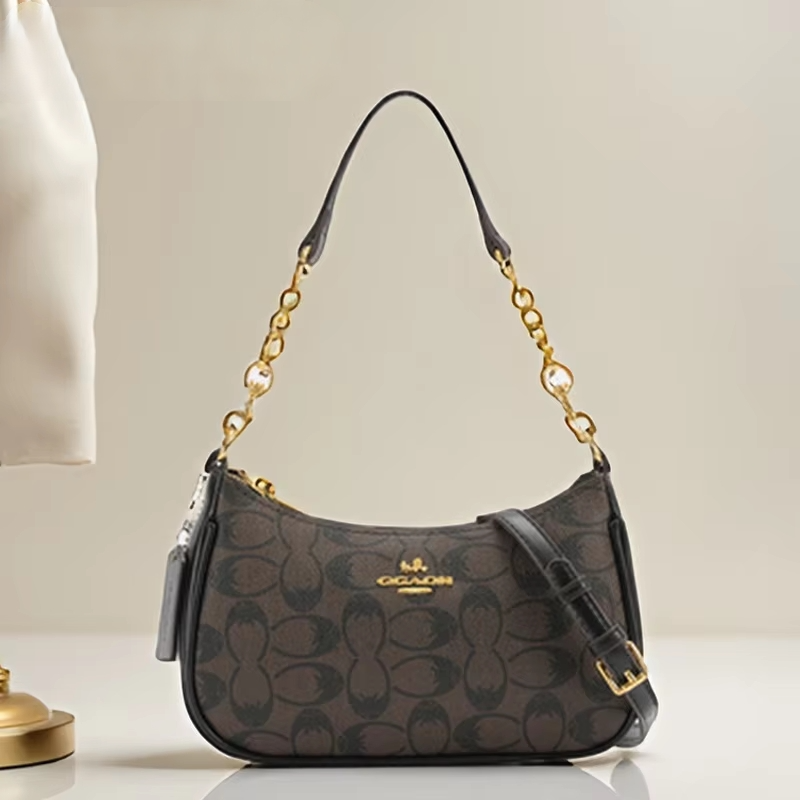 Tas PVC motif geometris wanita modis dengan hiasan rantai tas ketiak tas tangan selempang bahu multifungsi untuk penggunaan sehari-hari