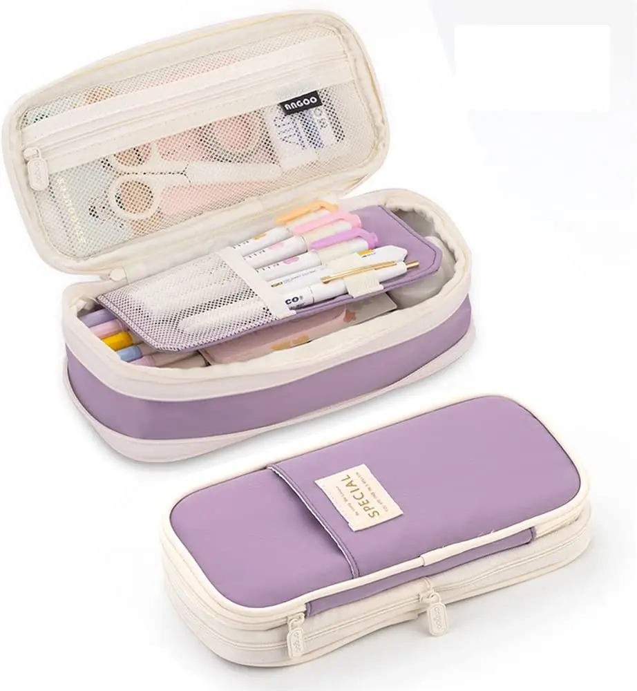 Purple Pencil Case Large Capacity Pen Bag Double Layer for Students Pouch Holder Box Office Stationery Back to School Supplies