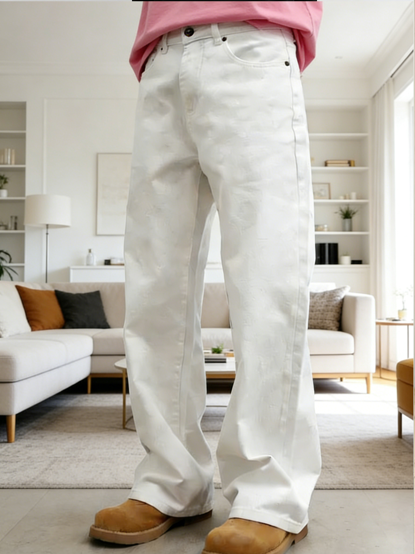 Jeans Masculinos Brancos de Alta Qualidade, Estilo Solto com Pernas Largas que Valorizam as Pernas