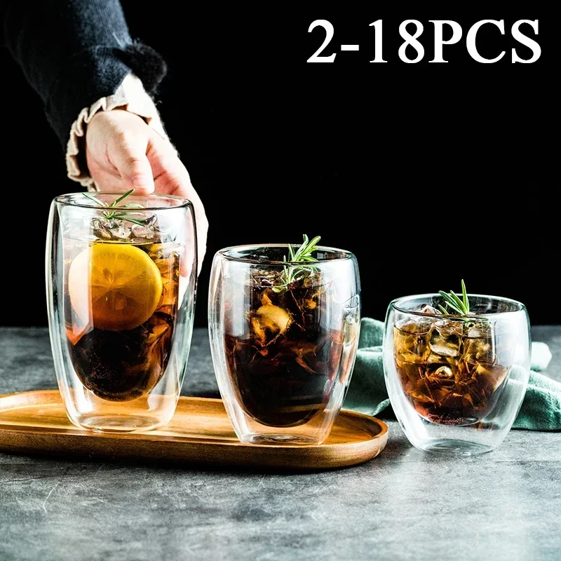 2-18 Buah Gelas Borosilikat Tinggi Dinding Ganda Cangkir Air Kopi Jus Susu Teh Tahan Panas Hadiah Perlengkapan Minum Bar Set Kreativitas