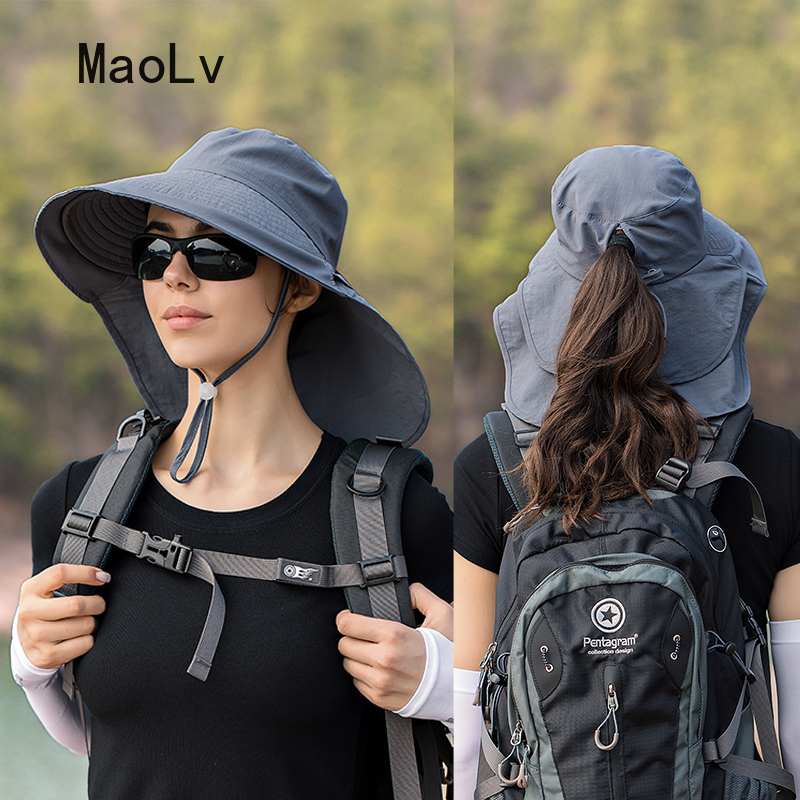 Chapéu de verão feminino ao ar livre uv anti pescoço proteção viseira de sol dos homens pesca caminhadas aba larga xale protetor solar rabo de cavalo boné undefin