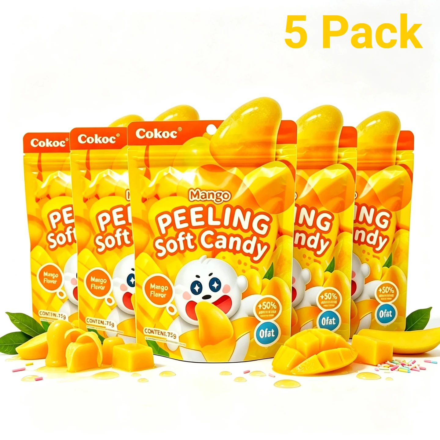 5 Packs Cokoc abziehbare Weichbonbons Mangogeschmack 5×75g，fruchtige Kaubonbons mit tropischem Mango-Aroma, praktischer Süßsnack für Unterwegs, Picknick, Büro, Kinder und Schulpausen