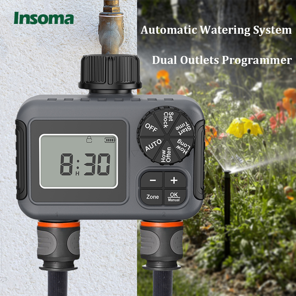 Insoma temporizador de aspersão de 2 zonas programável, temporizador de mangueira de jardim, economia de água, controlador de irrigação para sistemas de gotejamento de quintal de gramado ipx5