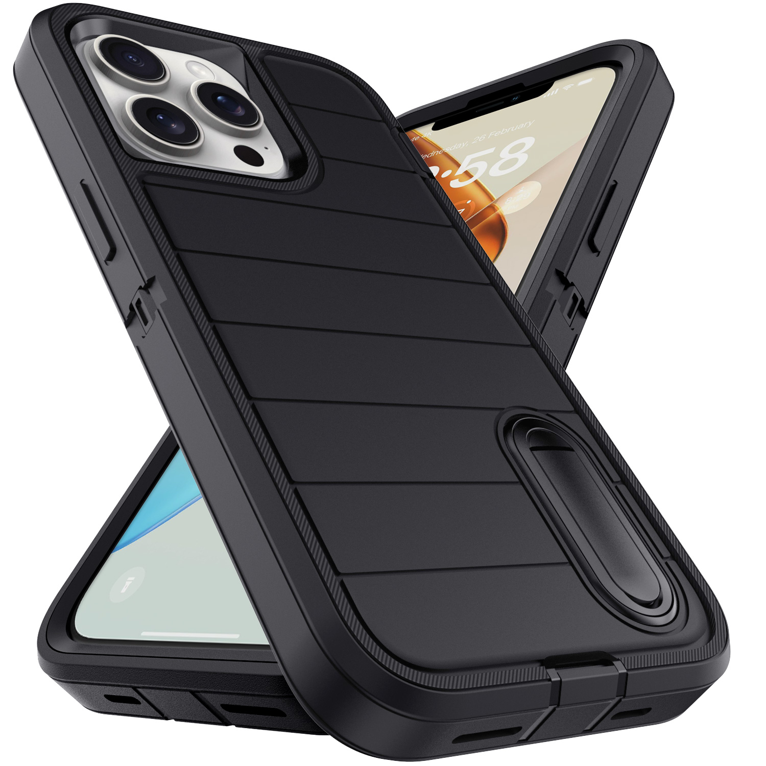 Dla iPhone 13/iPhone 13 Pro/iPhone 13 Pro Max 5G 3-warstwowa wytrzymała ochronna podpórka na telefon czarna obudowa