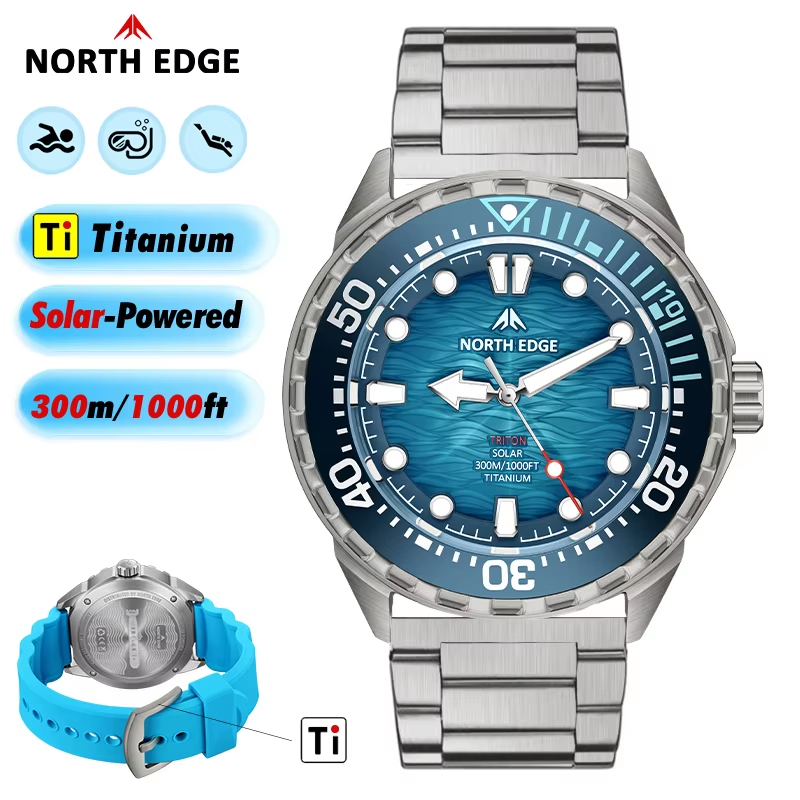 ノースエッジ NEW+ トライトン-TI チタン製ソーラーダイビングウォッチ 高級クォーツ腕時計 メンズ 300M防水 180日間電池持続