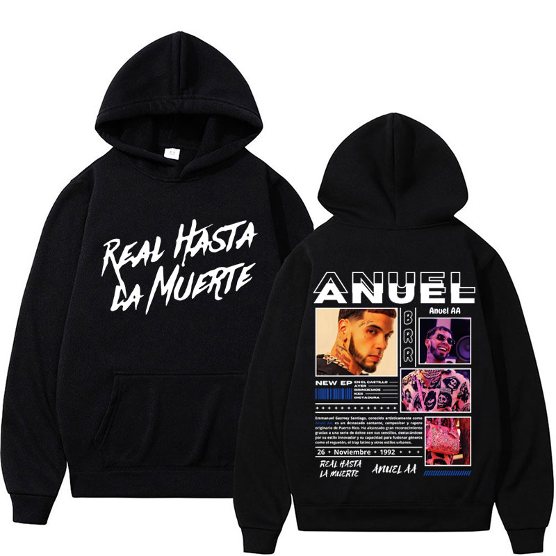 Rapper anuel aa real hasta la muerte hoodies das mulheres dos homens hip hop estilo retro moletom pulôver harajuku moda oversized com capuz