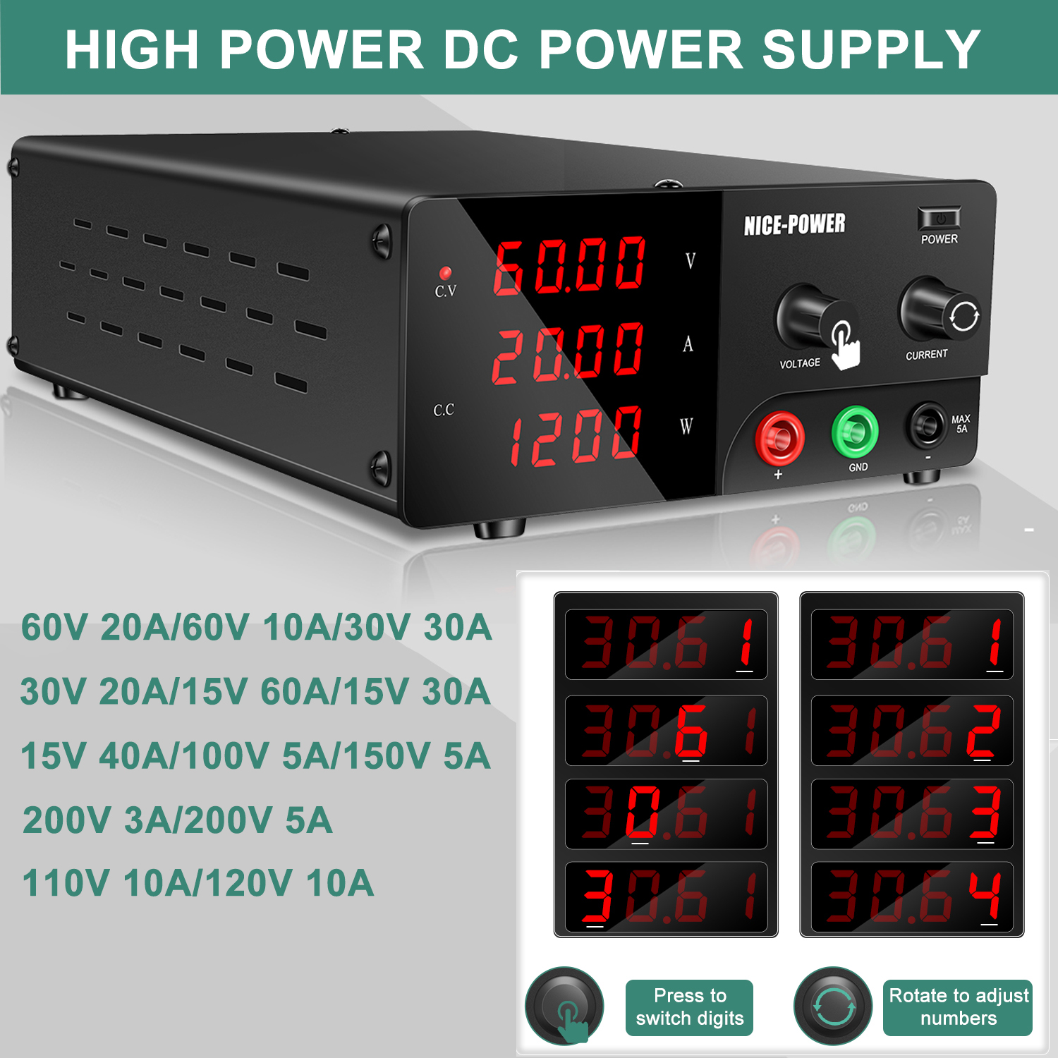 Fuente de Alimentación de Laboratorio Ajustable de 60V 20A, Fuente de Alimentación Digital de Banco de 30V 30A, Regulador de Voltaje de 200V 5A, Fuente de Alimentación de 400-1200W