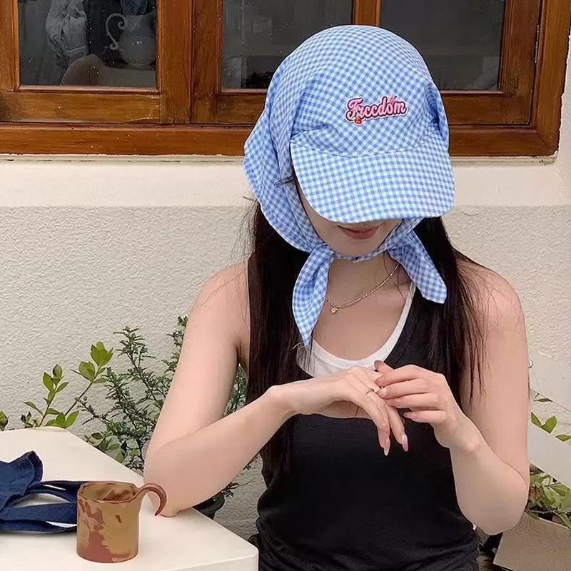 Topi Pelindung Matahari Wanita Motif Kotak-kotak Sederhana Manis Kepribadian Fashion Trendi Gaya Korea Serbaguna Penutup Kepala Pantai Luar Ruangan