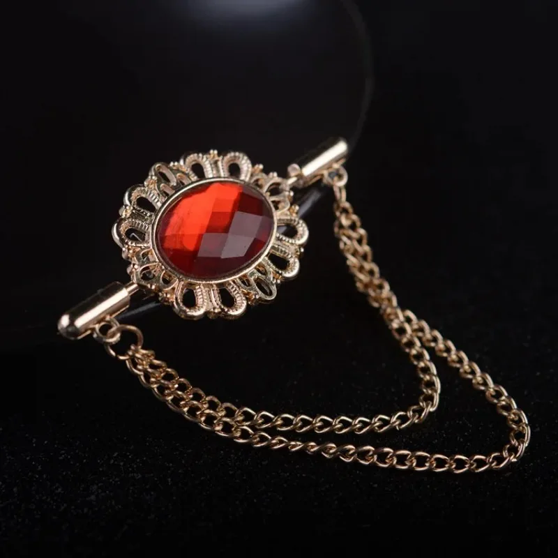 Elegancka broszka w stylu vintage z kryształami i owalnym wzorem, z łańcuszkiem i klamrą – unisex, ozdoba do klapy marynarki lub koszuli, luksusowy prezent.