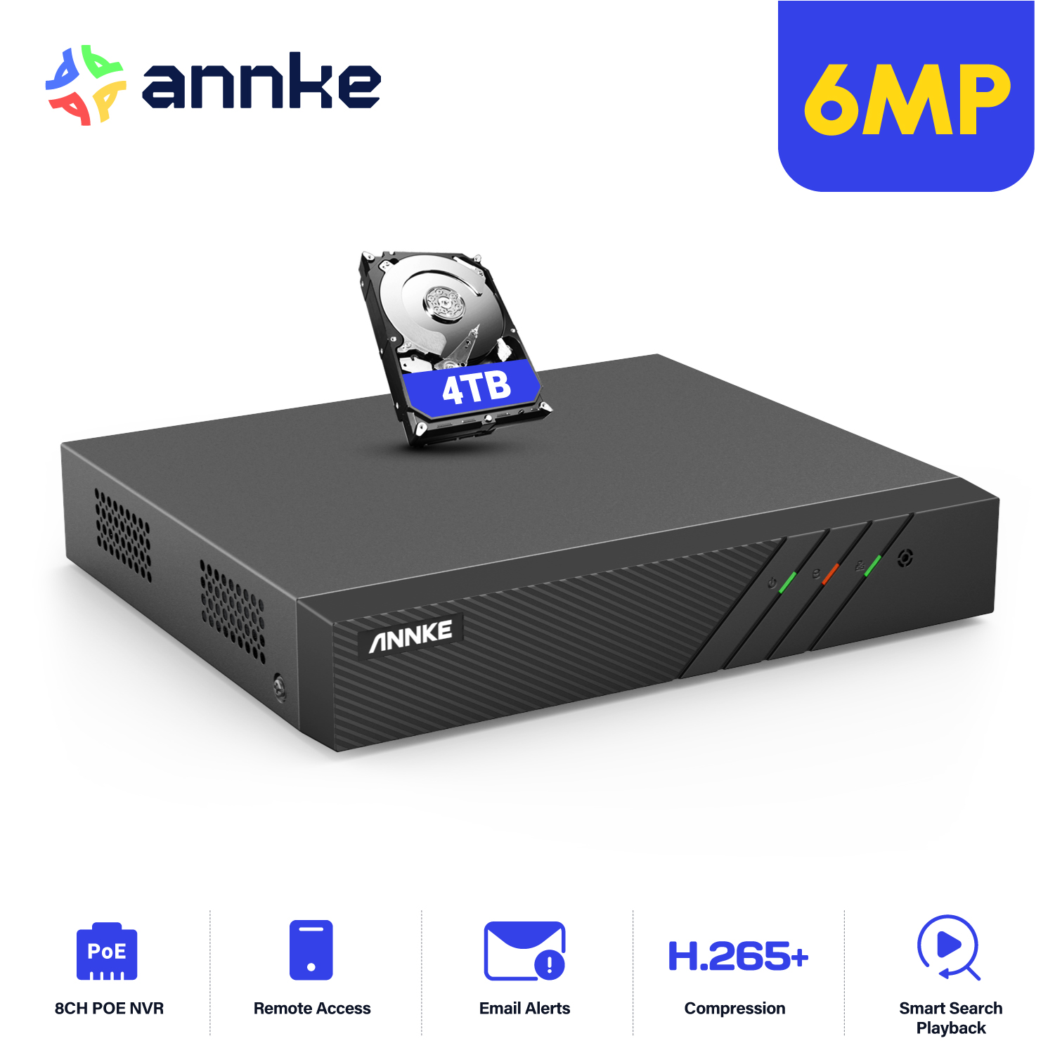 Annke h.265 + 6mp 8ch poe nvr para sistema de câmera de segurança ip 24/7 gravação de acesso remoto plug-and-play annke visão app