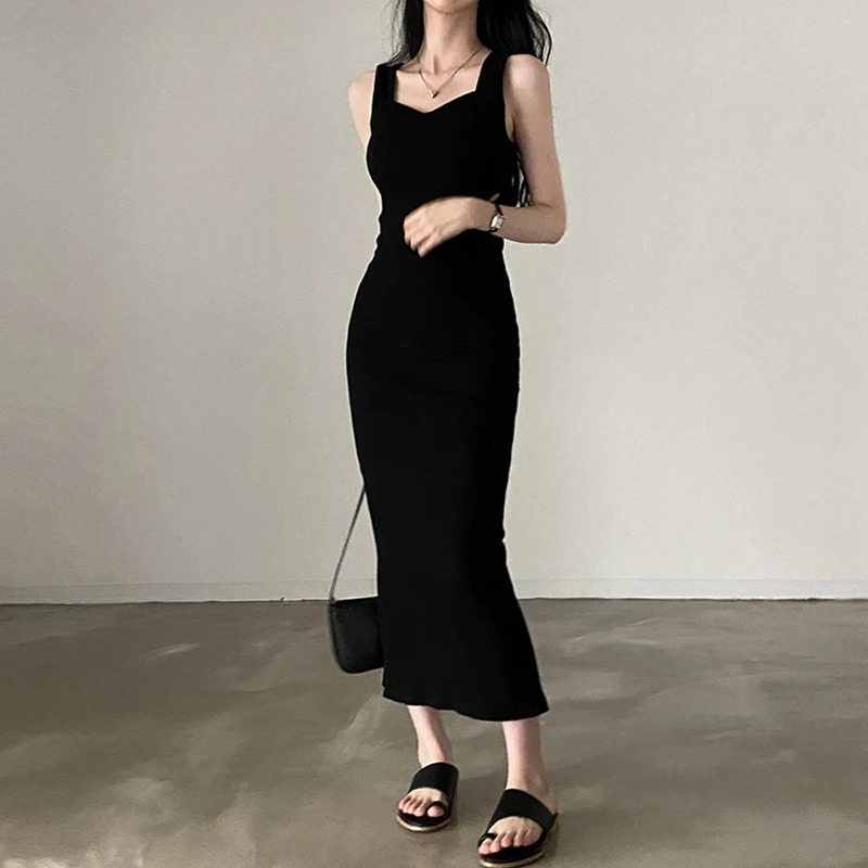 Myufon-Vestido largo básico de punto para mujer, moda coreana, cuello cuadrado, sin mangas, informal, Y2k, Vintage, combina con todo