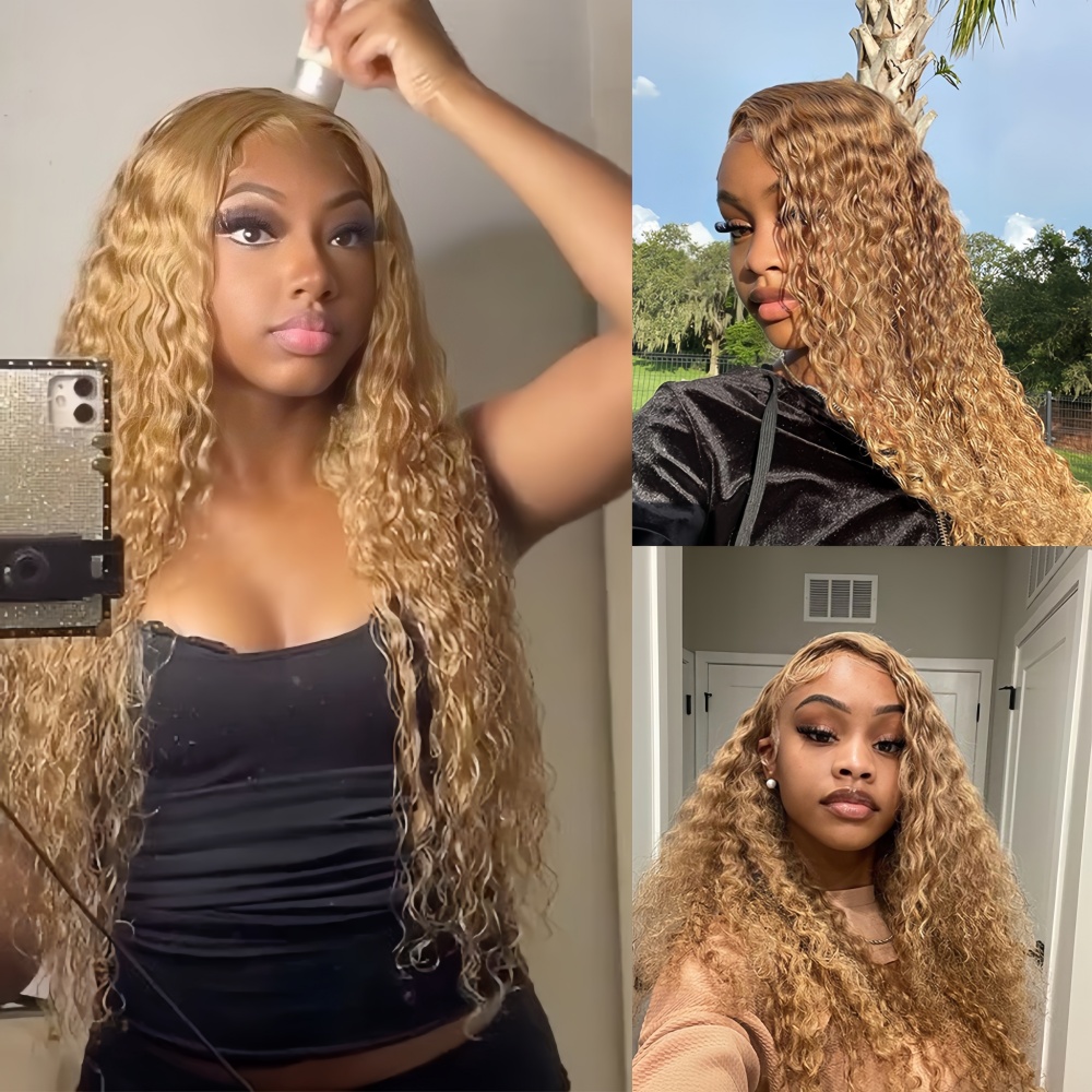 27 #   Peruka z ludzkich włosów w kolorze miodowego blondu, kręcona peruka typu lace frontal 13x6, peruka typu lace frontal 13x4 z ludzkich włosów, peruki deep wave o gęstości 200.
