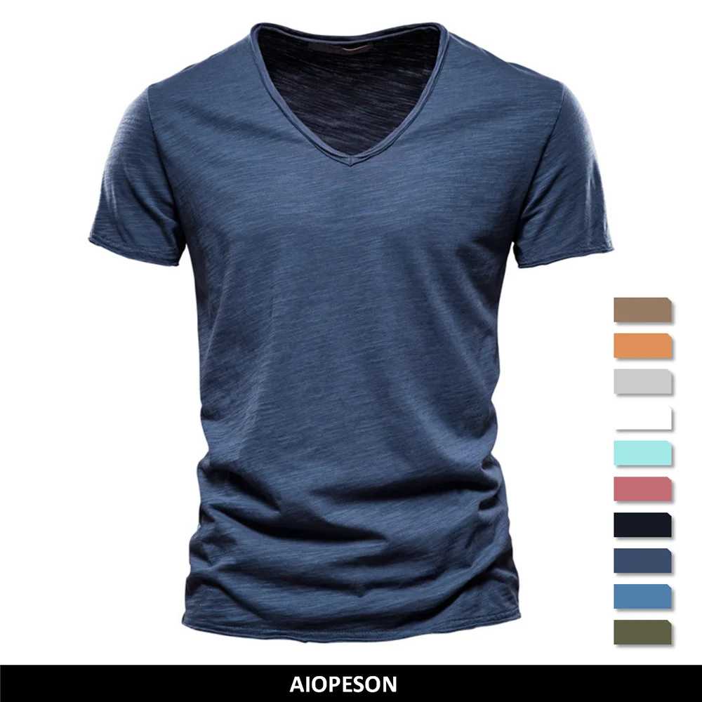 คุณภาพแบรนด์ 100% Cotton Men เสื้อยืด V คอแฟชั่น Slim Fit Soild ชายเสื้อแขนสั้น