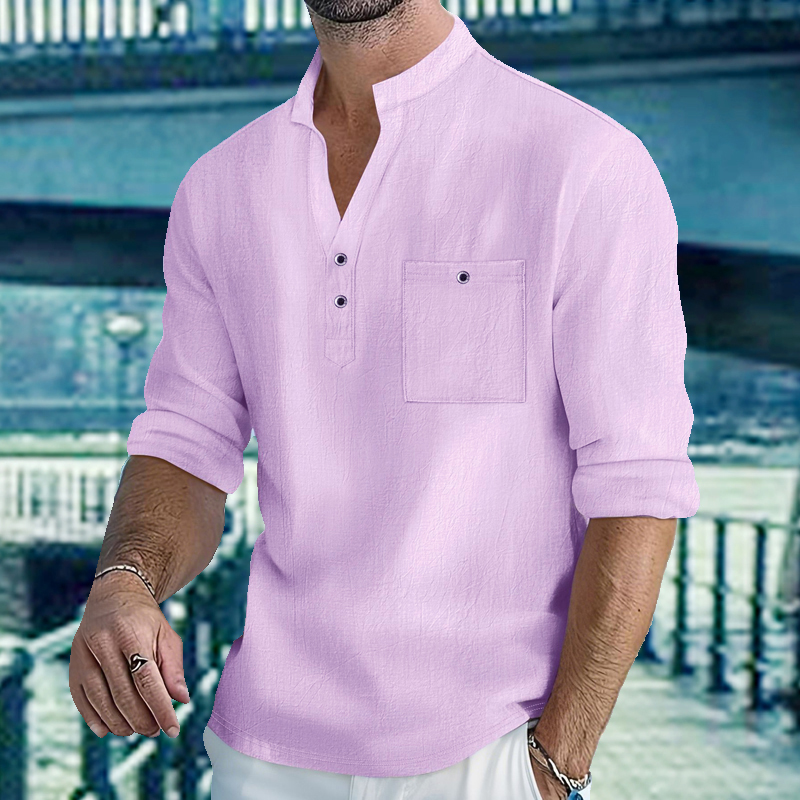 Chemise Henley pour homme à col mandarin, manches longues, en coton et lin, avec poche poitrine, respirante, légère, pour la plage, les voyages, le quotidien, décontractée