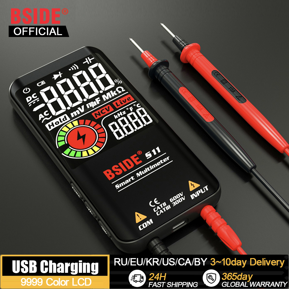 BSIDE multimetro Profesional Digital, Aparato de Serie Inteligente, Condensador de Voltaje de CC y CA, Medidor de Ohmios Diodos NCV Hercios y Cable de Baja Tensión, 9999 Recuentos