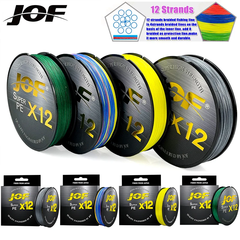 JOF 12 fili 100% PE lenza intrecciata 100/300M multifilamento tessuto cavo Super Power 25-92LB carpa filo da pesca a mosca Pesca